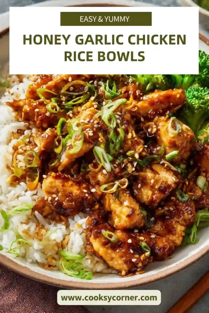 Honey garlic chicken rice bowl with broccoli and sauce served in a bowl with toppings.