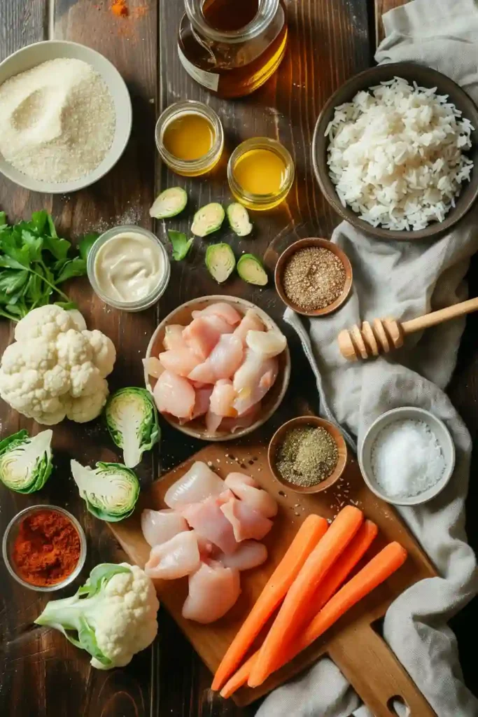 Meal prep honey mustard chicken and rice bowls with roasted veggies and creamy dressing in a modern serving bowl.