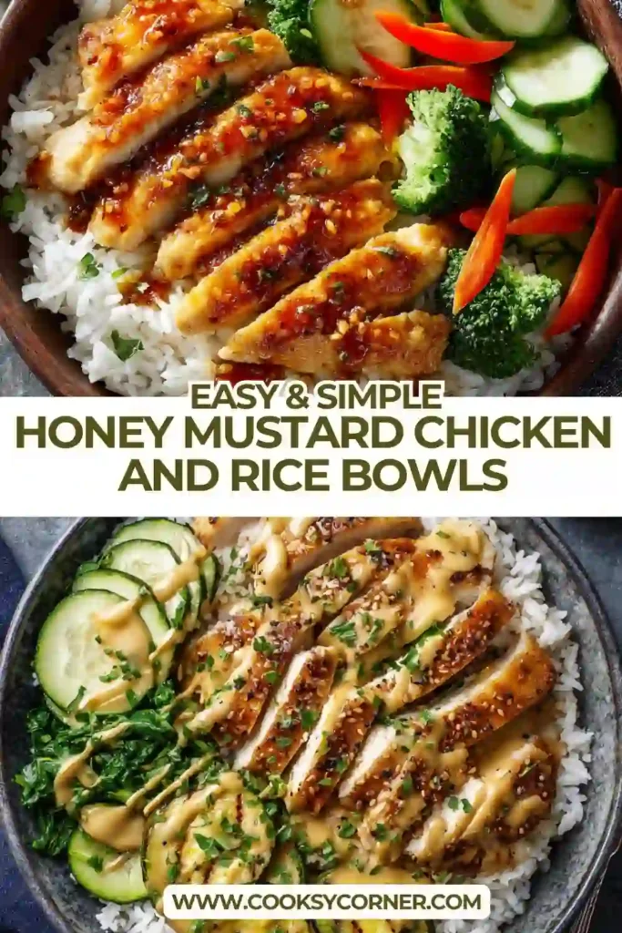 Close-up of honey mustard chicken rice bowl featuring golden roasted vegetables and juicy chicken pieces drizzled with sauce.