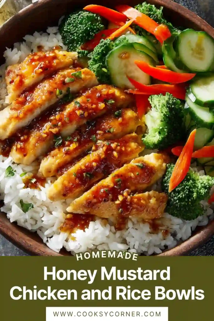 A bowl of honey mustard chicken and rice with roasted Brussels sprouts, carrots, and cauliflower topped with creamy sauce. The textures look tender and flavorful.