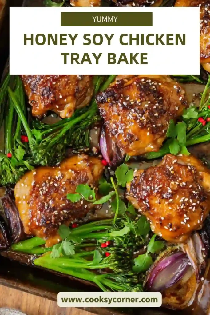 Close-up of honey soy chicken tray bake showing sticky glaze and roasted vegetables. Perfect easy dinner idea.
