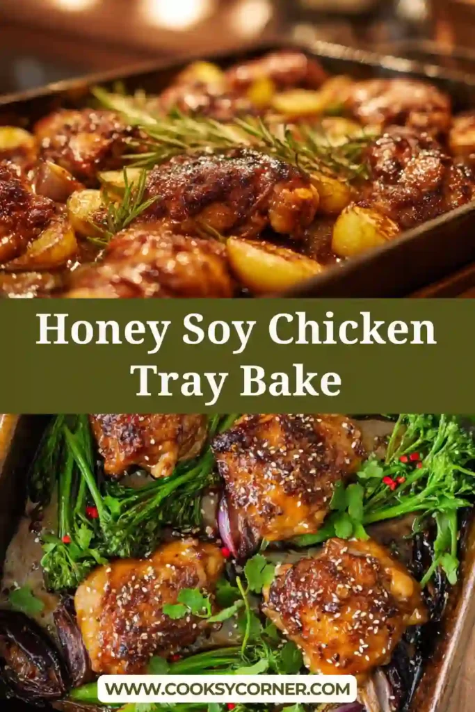 Honey soy chicken tray bake with caramelized chicken thighs and broccolini on a baking tray. The glossy sauce coats the chicken beautifully.
