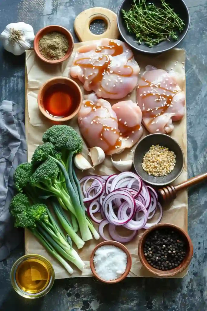 Freshly baked honey soy chicken tray bake with onions and broccolini arranged in a tray. The sauce is thick and caramelized.