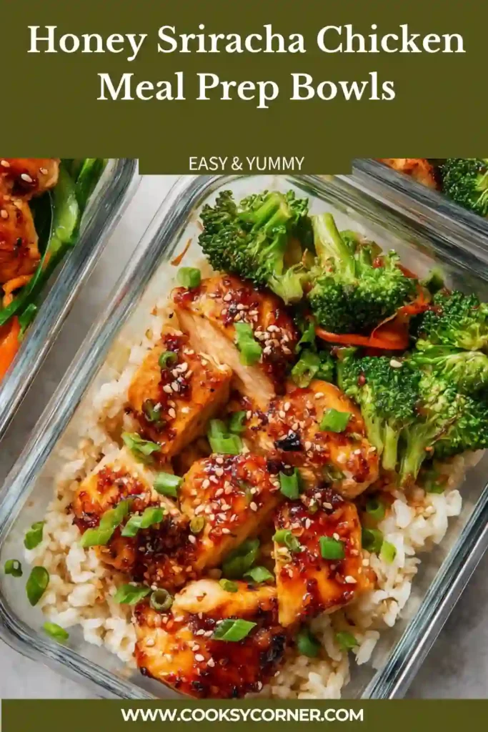 Healthy meal prep bowls with spicy honey chicken and sesame seeds.