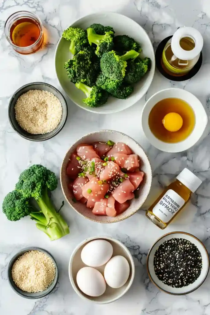 Chicken broccoli rice bowls with glossy sriracha honey sauce and scallions.