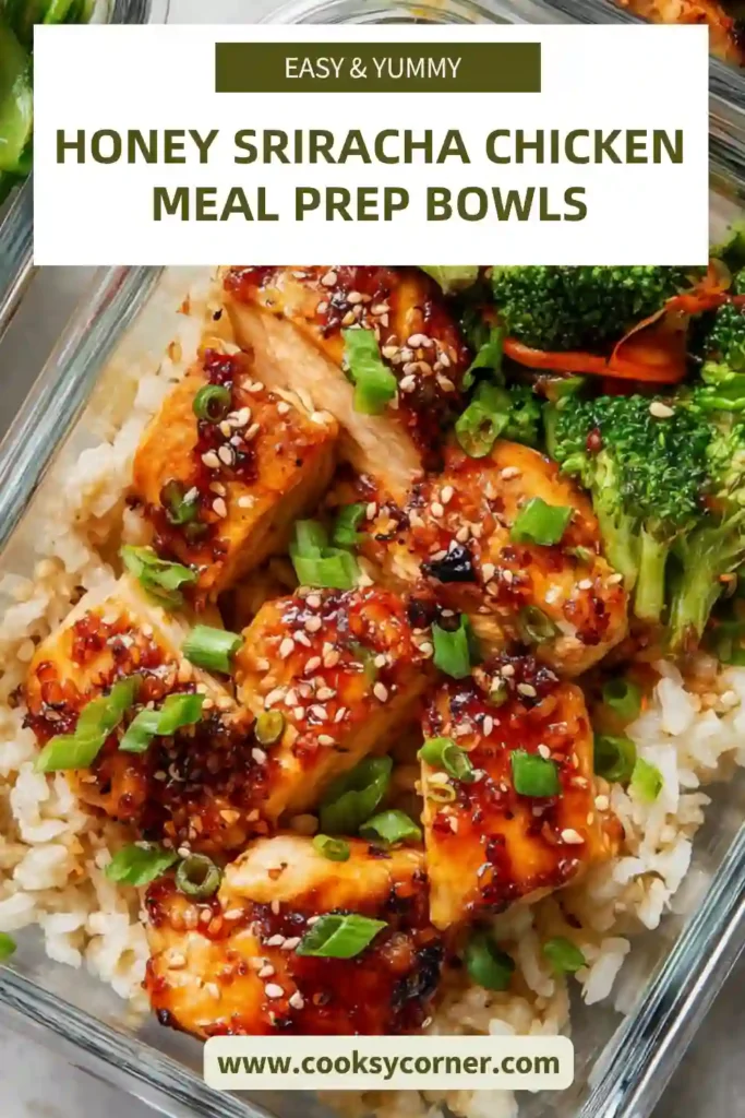 Close-up of chicken coated in honey sriracha sauce served with rice and vegetables.