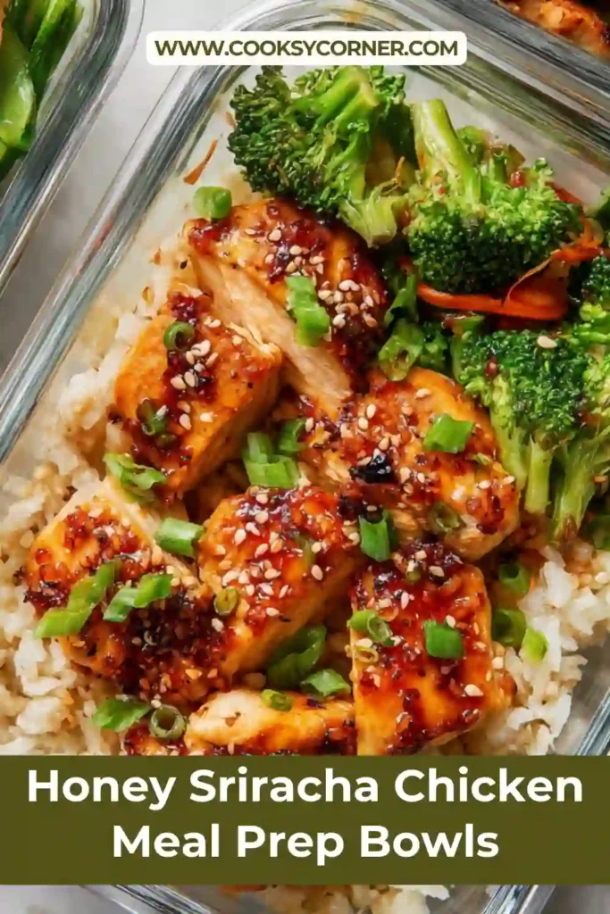 Honey sriracha chicken meal prep bowls with broccoli and brown rice in containers.