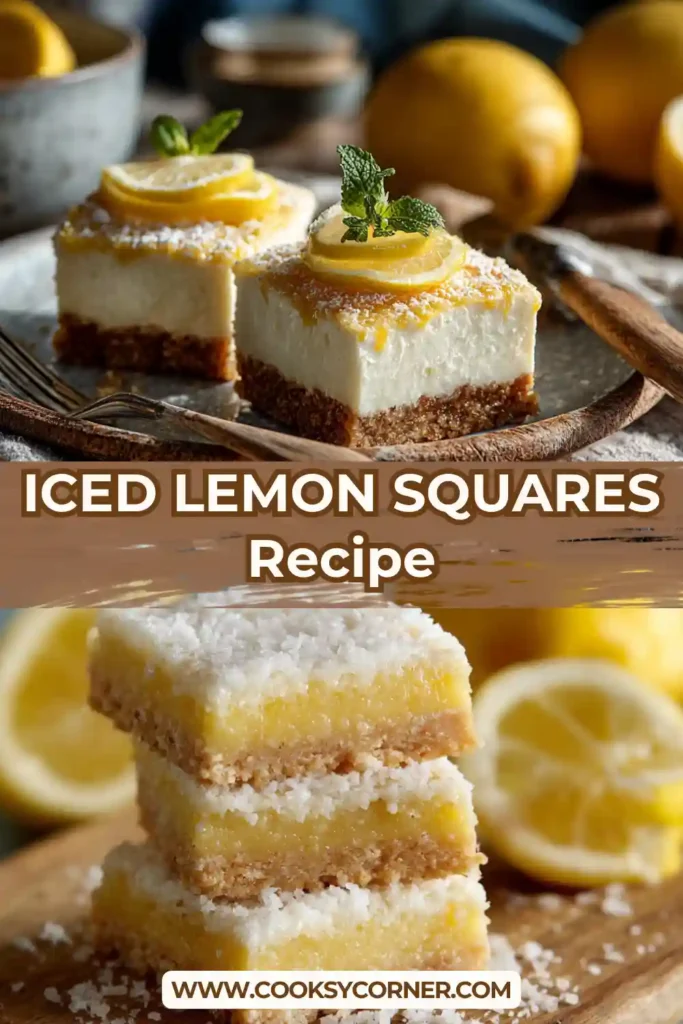 Close-up of iced lemon squares showing thick lemon glaze and soft coconut biscuit base. A refreshing citrus dessert.