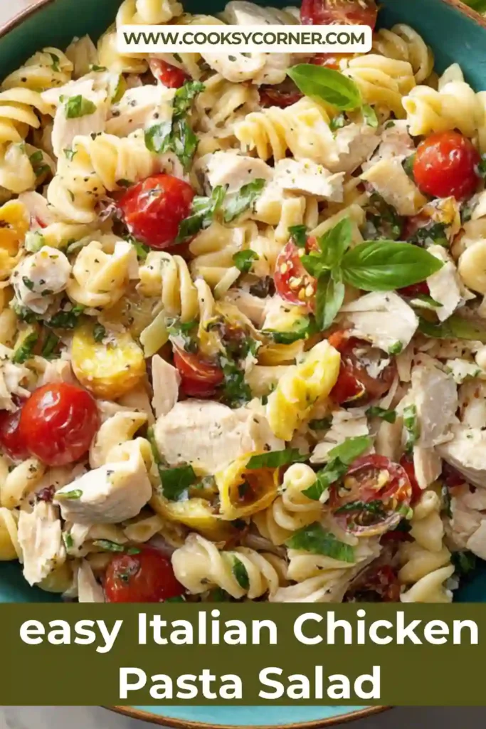 Fresh Italian Chicken Pasta Salad served in a large bowl with colorful vegetables and herbs. A healthy and easy pasta dish.