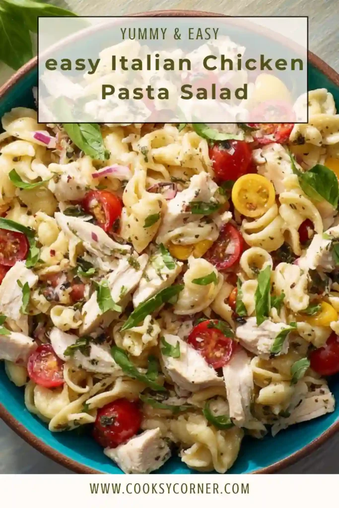 Close-up of Italian Chicken Pasta Salad showing juicy chicken, artichokes, and pasta coated in Italian dressing. Perfect for summer meals.