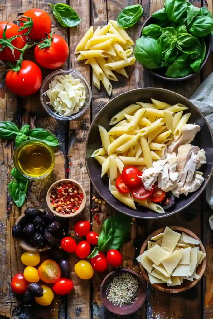 Italian Chicken Pasta Salad with rotisserie chicken, pasta, and cheese, beautifully mixed and ready to serve chilled.