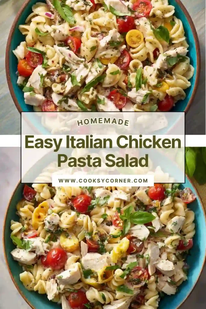 A bowl of Italian Chicken Pasta Salad with penne, chicken, tomatoes, olives, and mozzarella tossed in dressing. Fresh basil adds vibrant color and flavor.