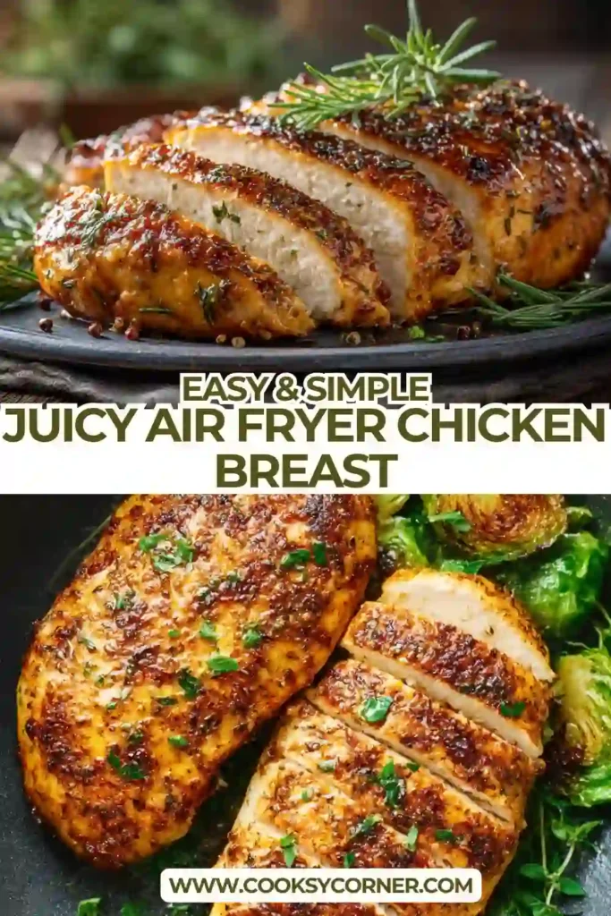 Golden air fryer chicken breast cooked evenly with herbs and spices. Served fresh and ready to eat.