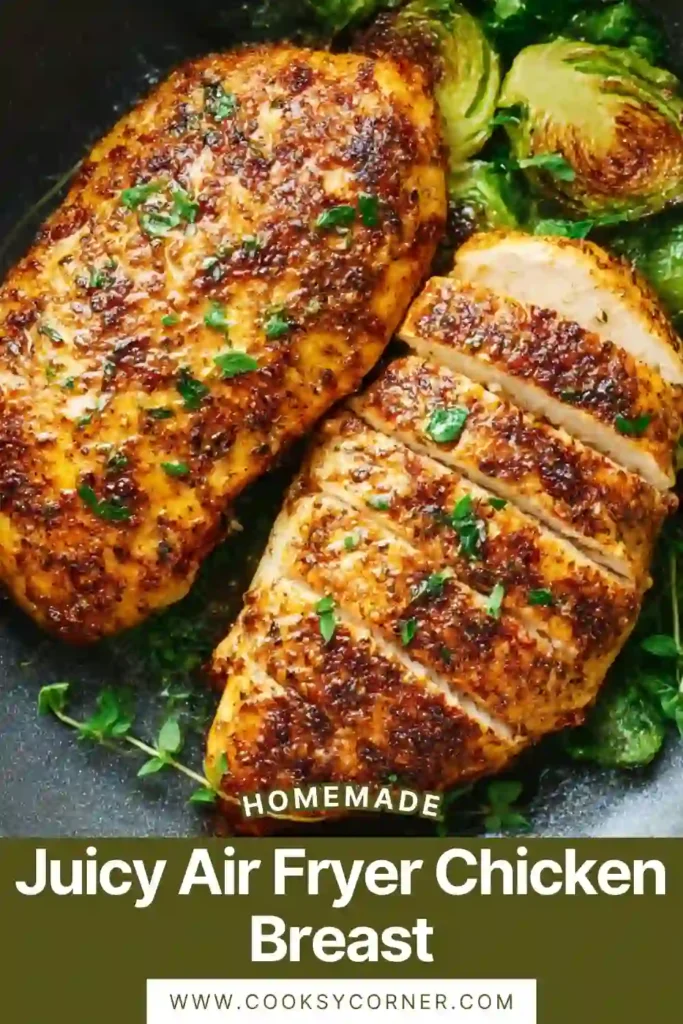 Close-up of tender air fryer chicken breast showing juicy interior and crisp edges.