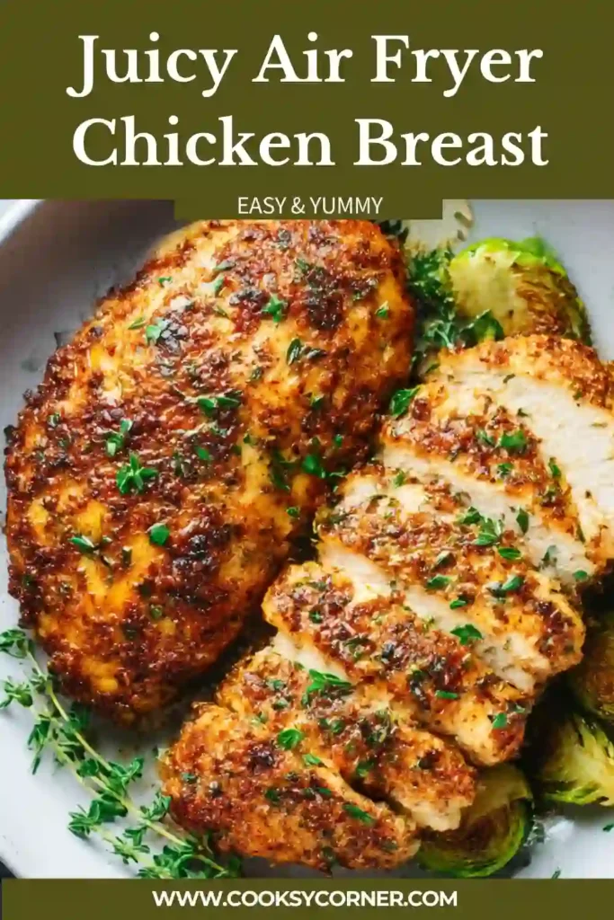 Juicy air fryer chicken breast sliced on a plate with roasted Brussels sprouts. The chicken looks tender and perfectly seasoned.