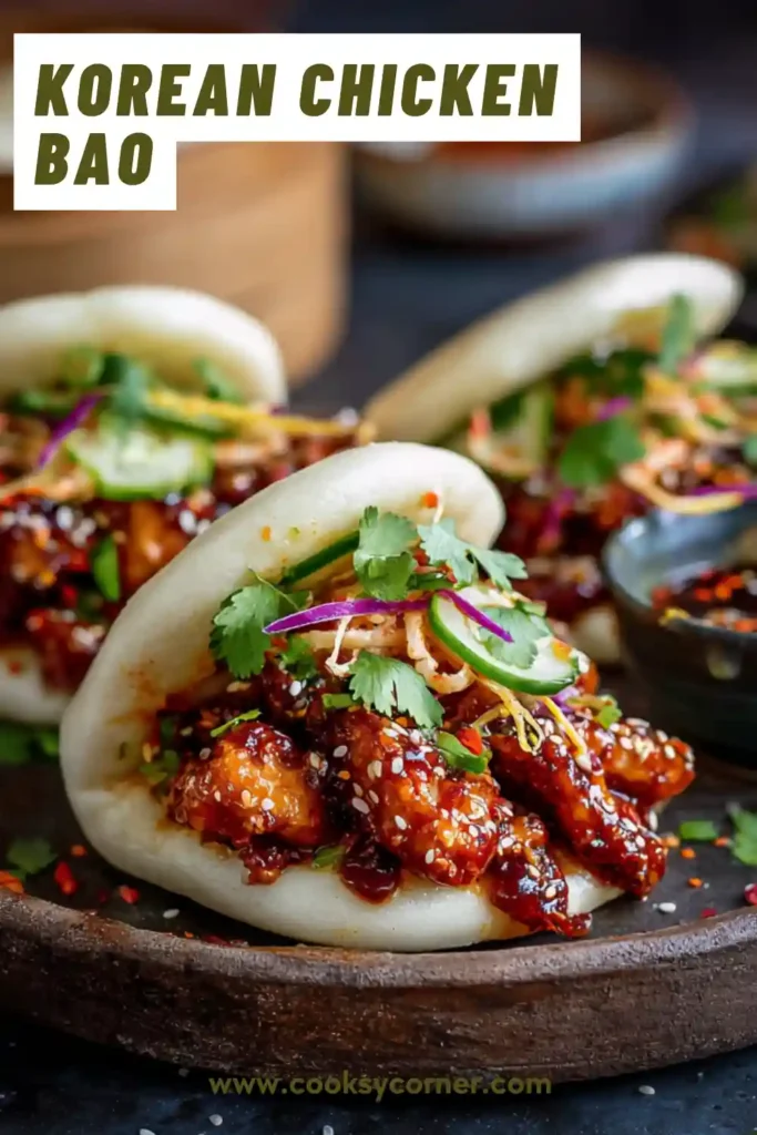 Close-up of bao bun with spicy Korean fried chicken and crunchy toppings.