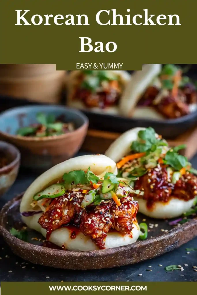 Korean chicken bao buns filled with crispy chicken and topped with fresh vegetables and sesame seeds.