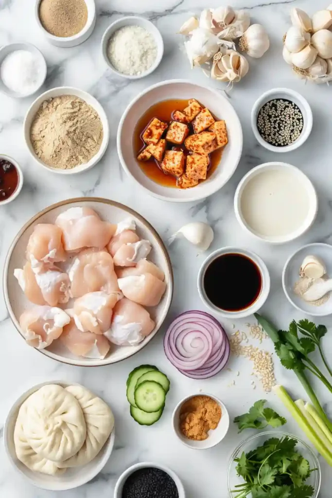 Korean chicken bao served on a plate with vibrant toppings and sesame garnish.