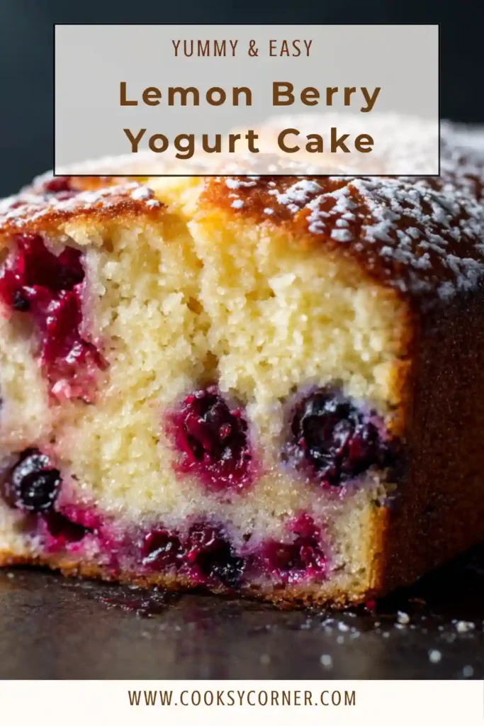 Lemon Berry Yogurt Cake topped with lemon glaze and fresh berries on a serving plate.