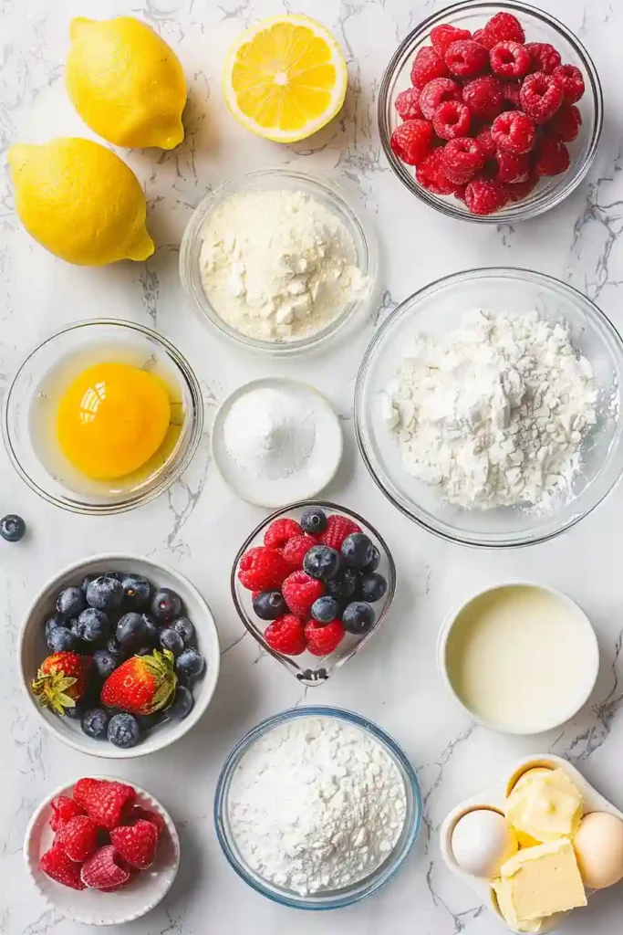Close-up of Lemon Berry Yogurt Cake with bright citrus glaze and juicy berries.