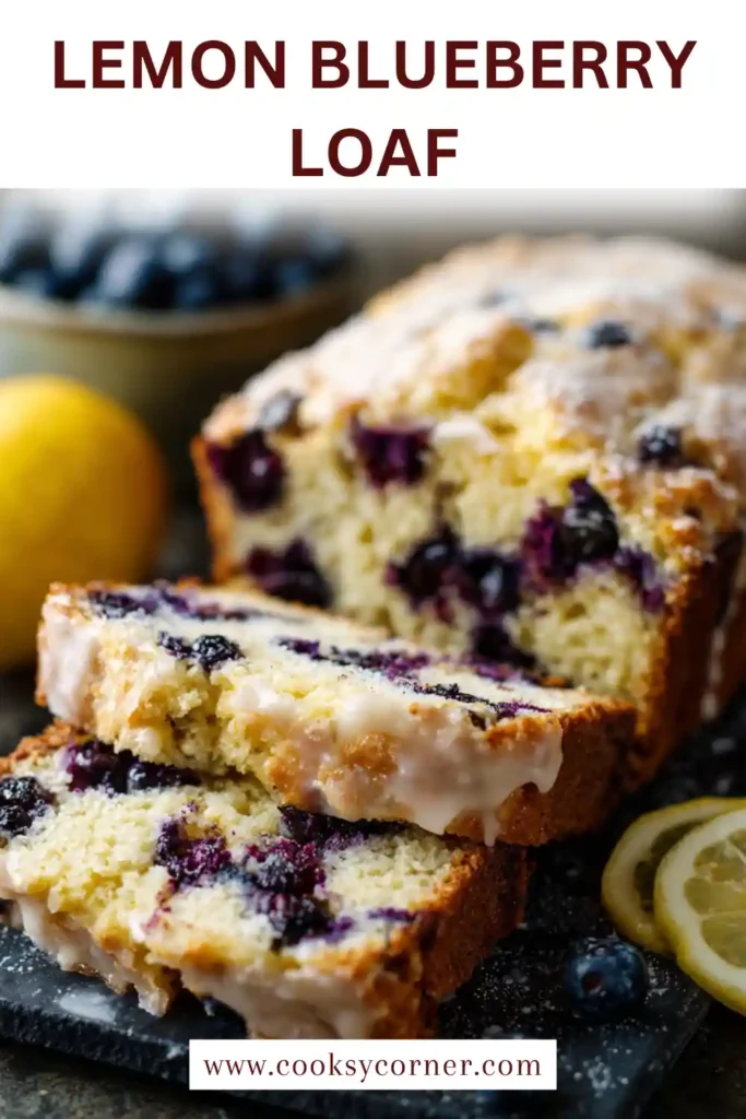 Close-up of a soft lemon blueberry loaf with crumble topping and lemon icing. The texture appears fluffy and rich.