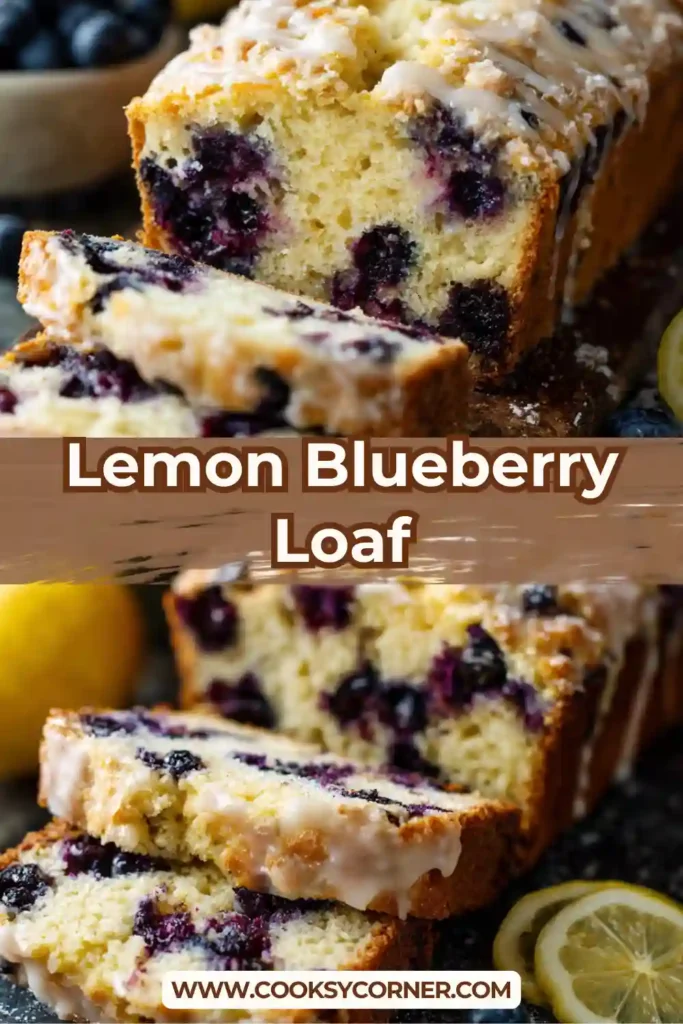 Freshly baked lemon blueberry loaf with golden crust and sweet glaze. Bright blueberries are visible in each soft slice.