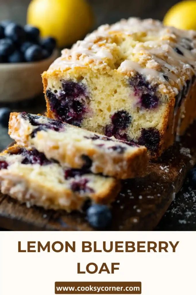 A moist lemon blueberry loaf topped with crumble and drizzled with icing on a wooden surface. The loaf is sliced to reveal juicy blueberries inside.