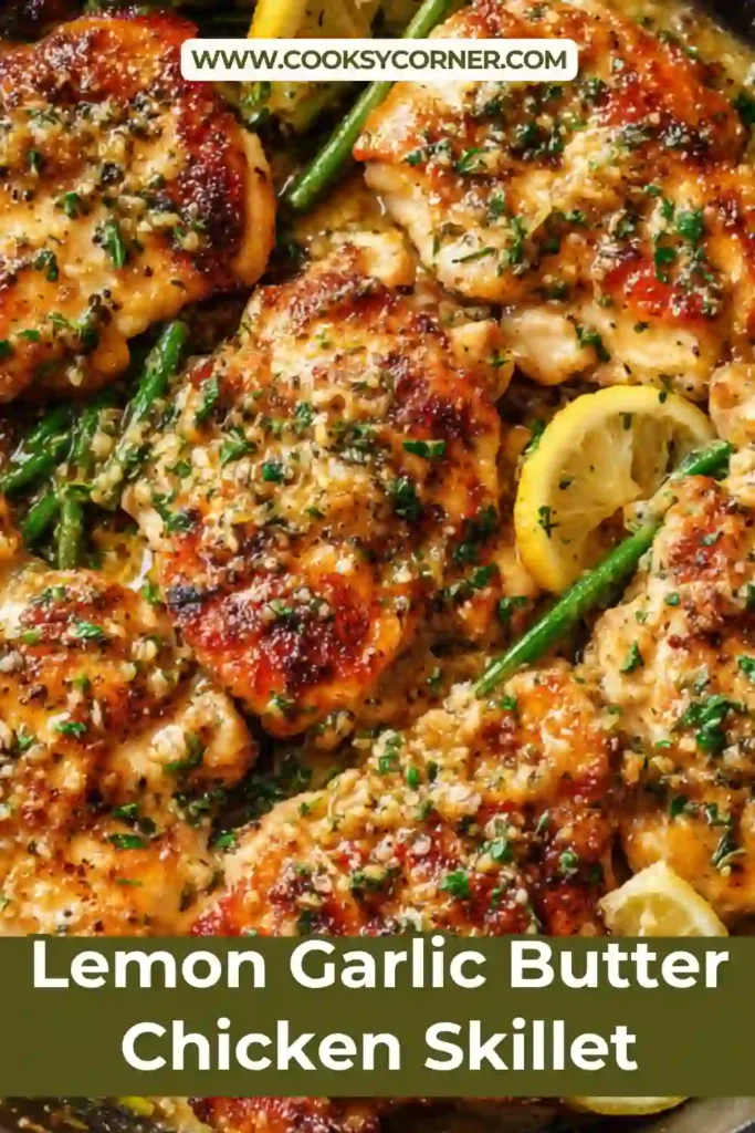 One pan lemon garlic butter chicken with green beans cooked to perfection in a skillet. The dish is vibrant and glossy with sauce.