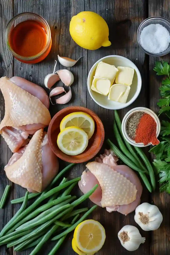 Golden seared chicken thighs with green beans in a lemon garlic butter sauce, served hot in a rustic skillet.