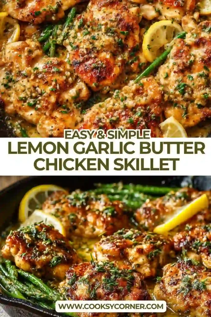 Close-up of lemon garlic butter chicken thighs with sautéed green beans in a rich buttery sauce. Bright lemon slices add freshness.