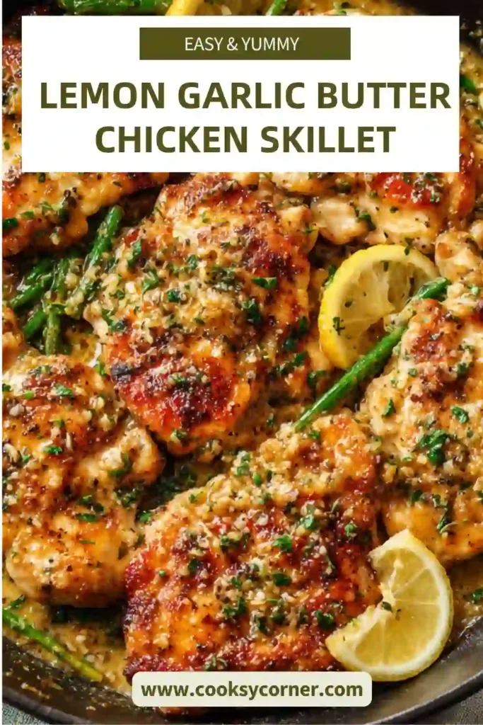 Lemon garlic butter chicken skillet with green beans in a cast iron pan, garnished with fresh parsley and lemon slices. The chicken looks golden and juicy.