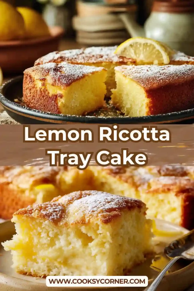 Freshly baked lemon ricotta tray cake cooling in a tray with a lightly golden surface and soft crumb. The cake has a rustic homemade look.