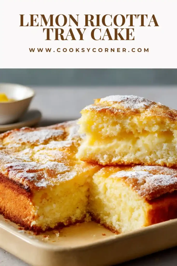 Close-up of lemon ricotta tray cake slices showing creamy layers and light sponge texture. Bright yellow lemon swirls are visible throughout.
