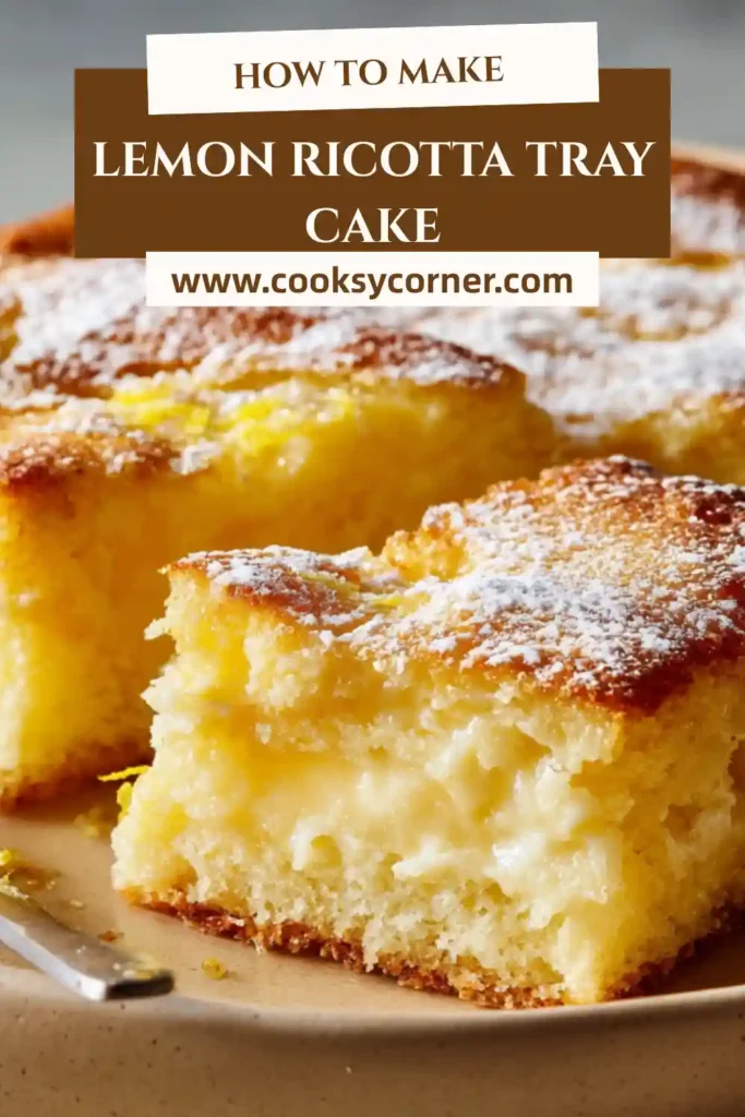 A soft lemon ricotta tray cake with swirls of lemon curd and creamy ricotta baked in a rectangular pan. The texture looks fluffy and moist with a golden top.