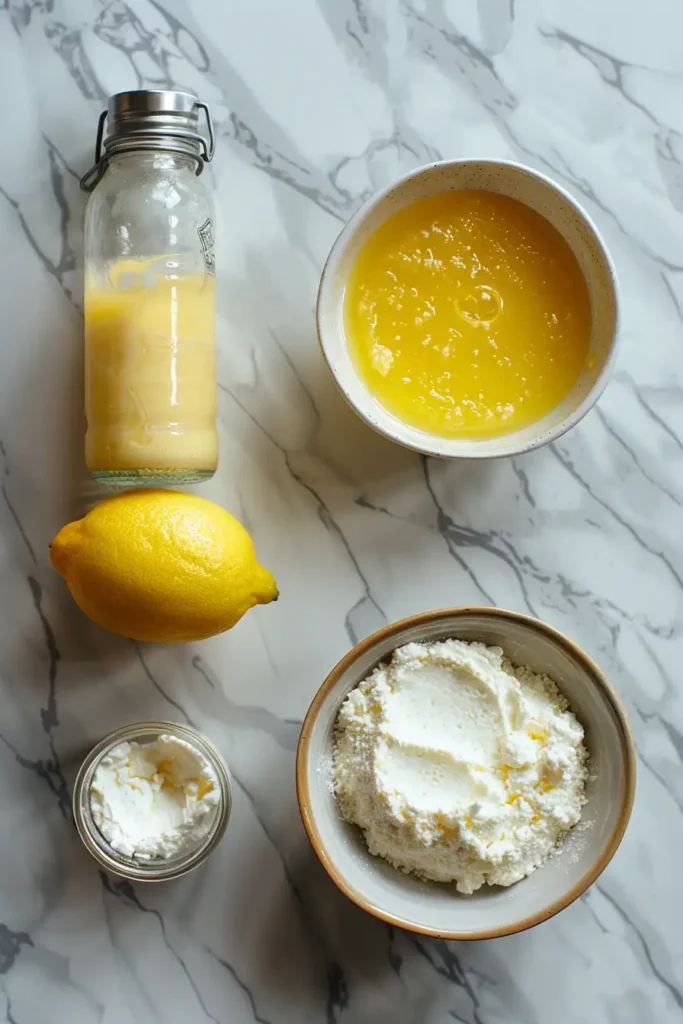 Sliced lemon ricotta tray cake served on a plate with visible creamy ricotta and lemon curd swirls. The cake appears soft and airy.