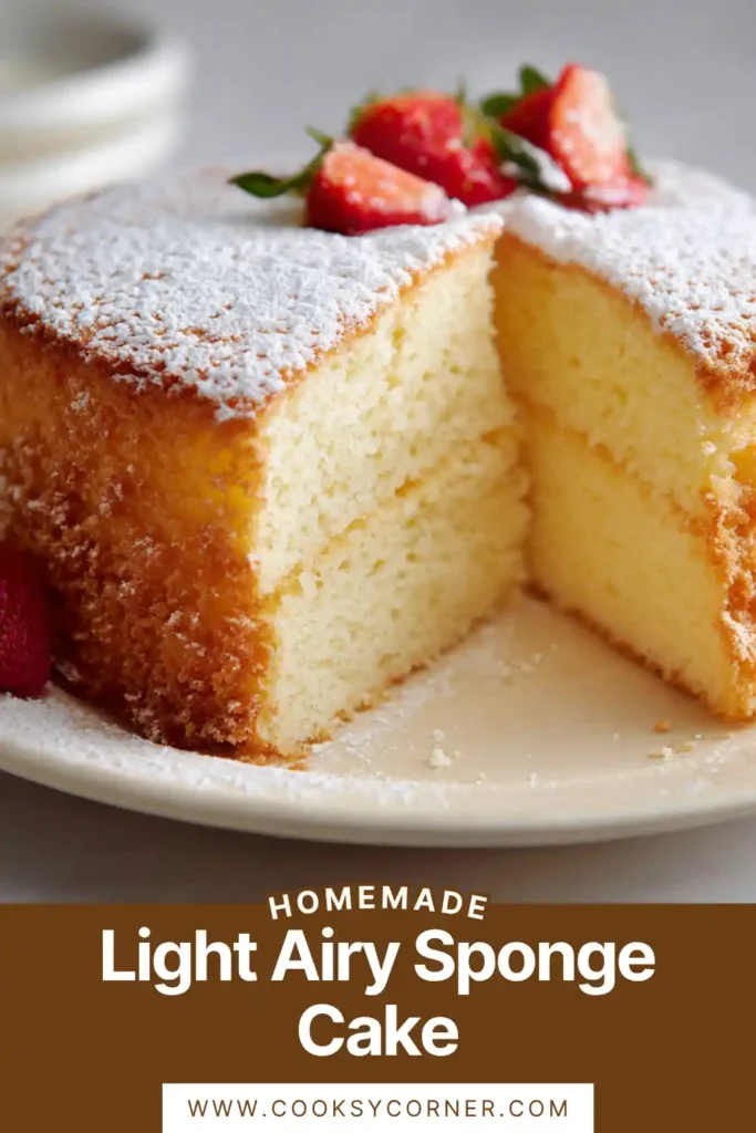 Slice of Light Airy Sponge Cake with raspberry jam and cream filling, topped with fresh strawberries.