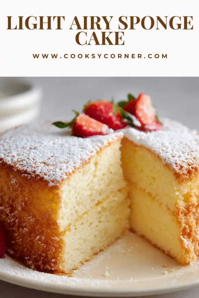 Light Airy Sponge Cake layered with whipped cream and fresh strawberries, showing soft fluffy texture and clean layers.