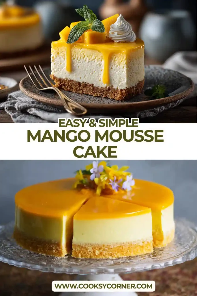 Mango Mousse Cake on a serving plate with clean slices revealing creamy and fluffy layers. Perfect tropical dessert presentation.