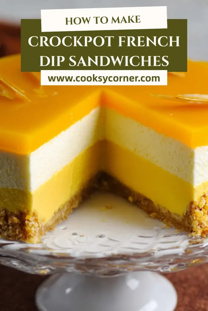 Close-up of Mango Mousse Cake showing distinct layers of sponge, mousse, and gel topping. The texture looks light and airy.