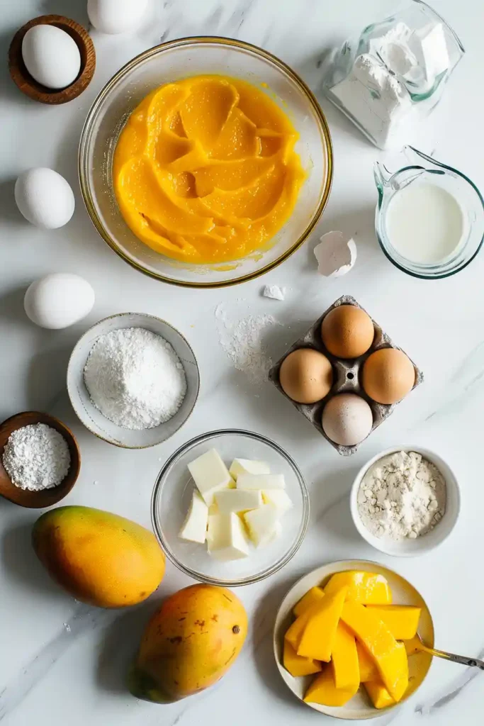 Homemade Mango Mousse Cake chilled and set with smooth mango glaze and soft sponge base. Bright and refreshing dessert.