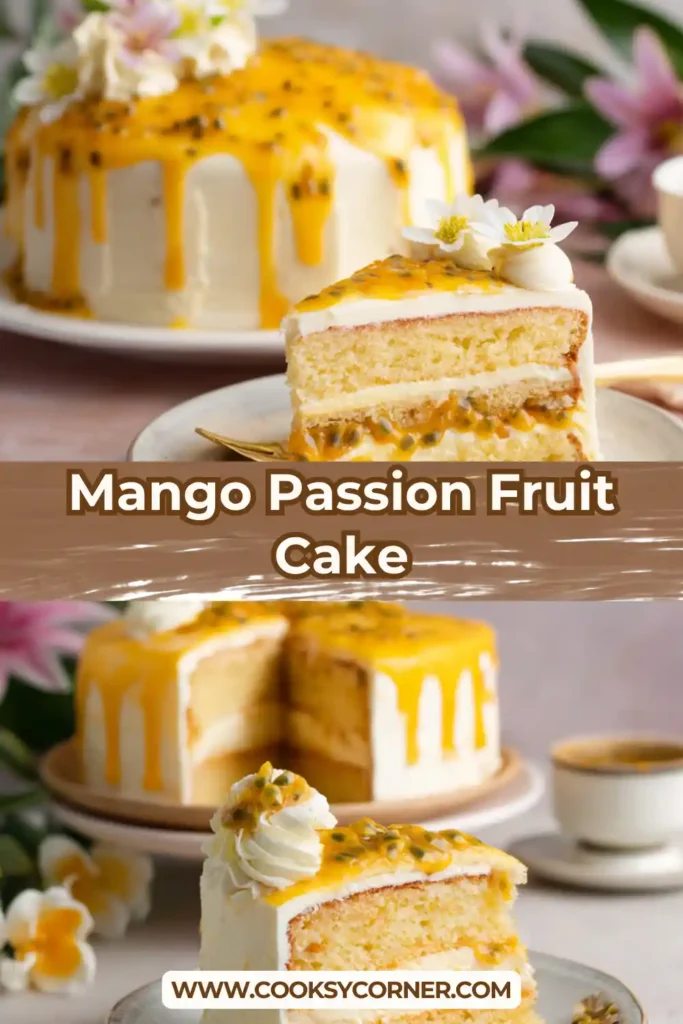 A tropical mango passion fruit cake decorated with whipped cream and mint leaves. The glossy fruit topping enhances its fresh appearance.