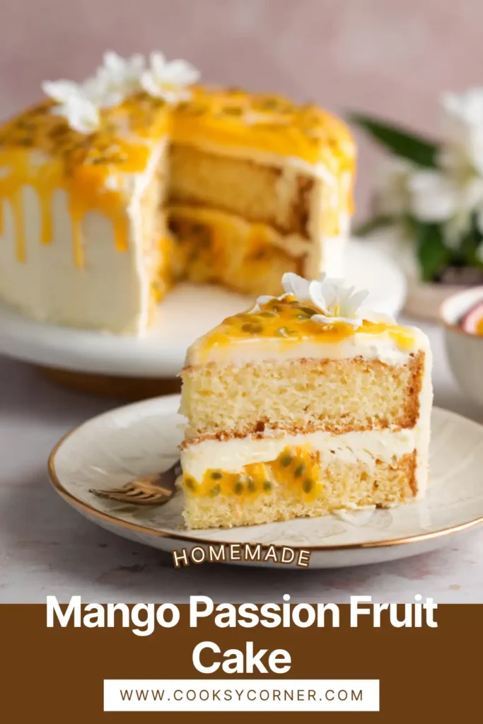Close-up of mango cake layers filled with passion fruit jam and cream cheese frosting. The cake appears fluffy and rich with vibrant colors.