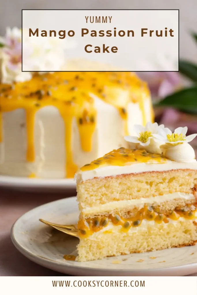 A layered mango passion fruit cake topped with fresh mango slices and creamy frosting. The texture looks soft and moist with visible tropical fruit filling.
