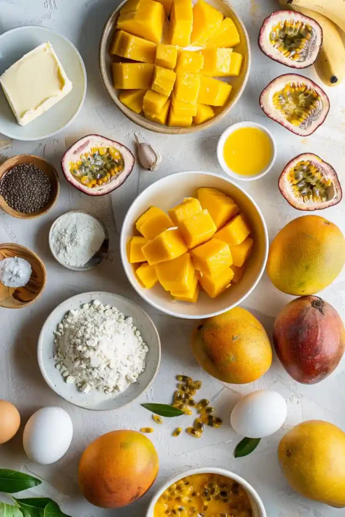 Slice of mango passion fruit cake showing soft sponge layers and creamy filling. The texture is light with visible fruit pieces.