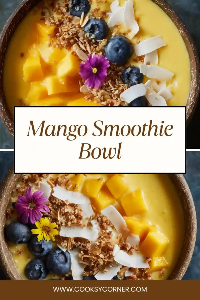 Creamy mango smoothie bowl with colorful toppings arranged neatly in a bowl.