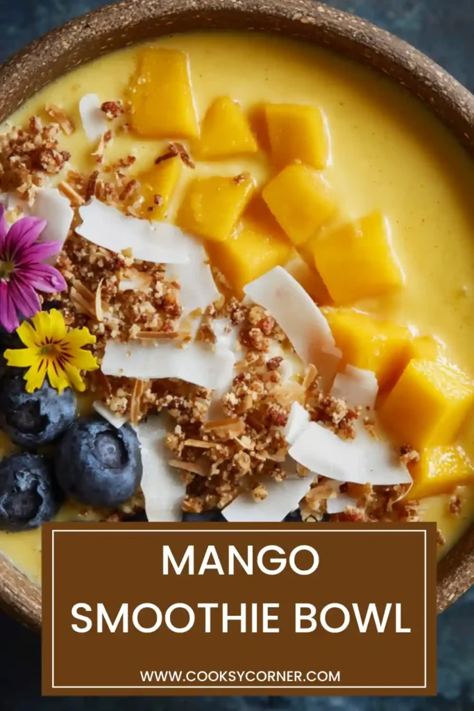 Thick tropical smoothie bowl made with mango and pineapple, decorated with fresh fruit toppings.