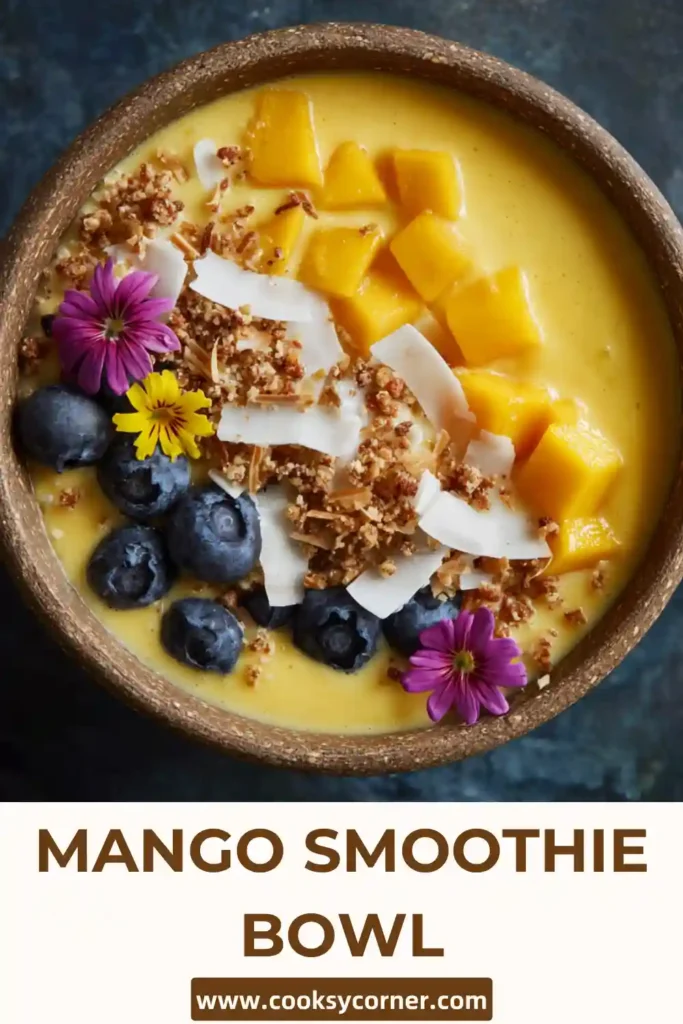 Mango smoothie bowl topped with pineapple, blueberries, coconut flakes, and granola in a vibrant presentation.