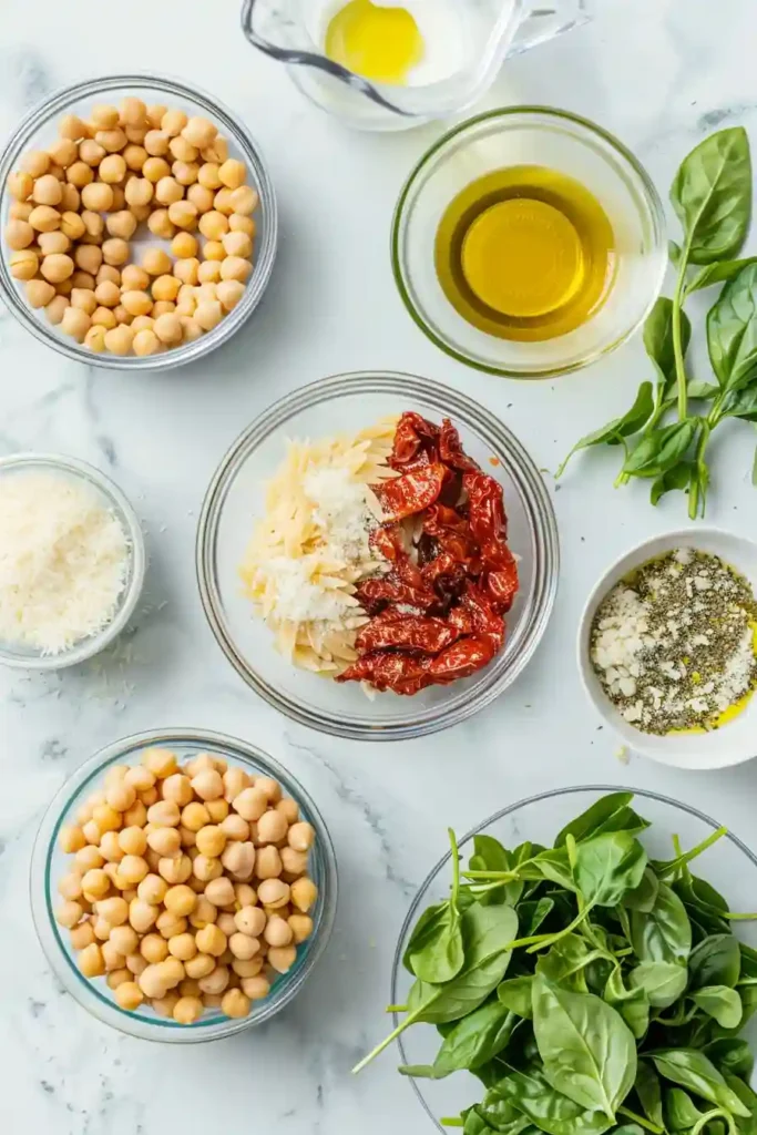 Freshly cooked chickpeas and orzo in a creamy sauce with spinach and herbs in a skillet.