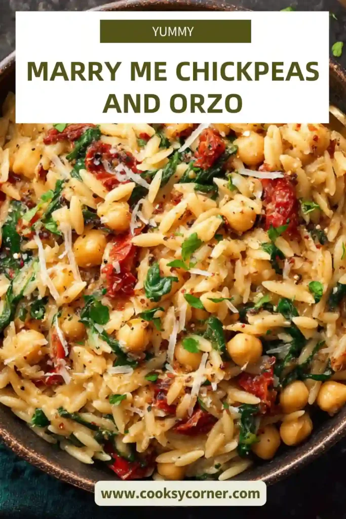 A bowl of Marry Me Chickpeas and Orzo with creamy sauce, spinach, and sun-dried tomatoes. The dish looks rich and comforting.