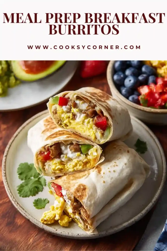 Close-up of a breakfast burrito cut open showing egg, beef sausage, and crispy potatoes.